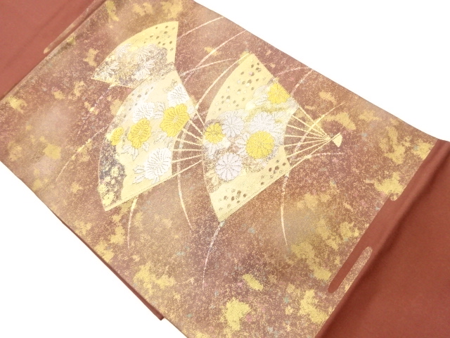 リサイクル　扇に菊・牡丹・笹模様織出し名古屋帯